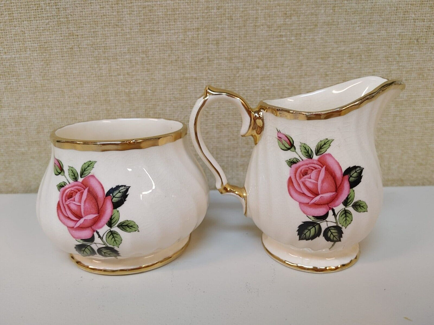 1970's Cream & Sugar Set, Sweet Rose Cream and Sugar With Gold Trim, Tea Time