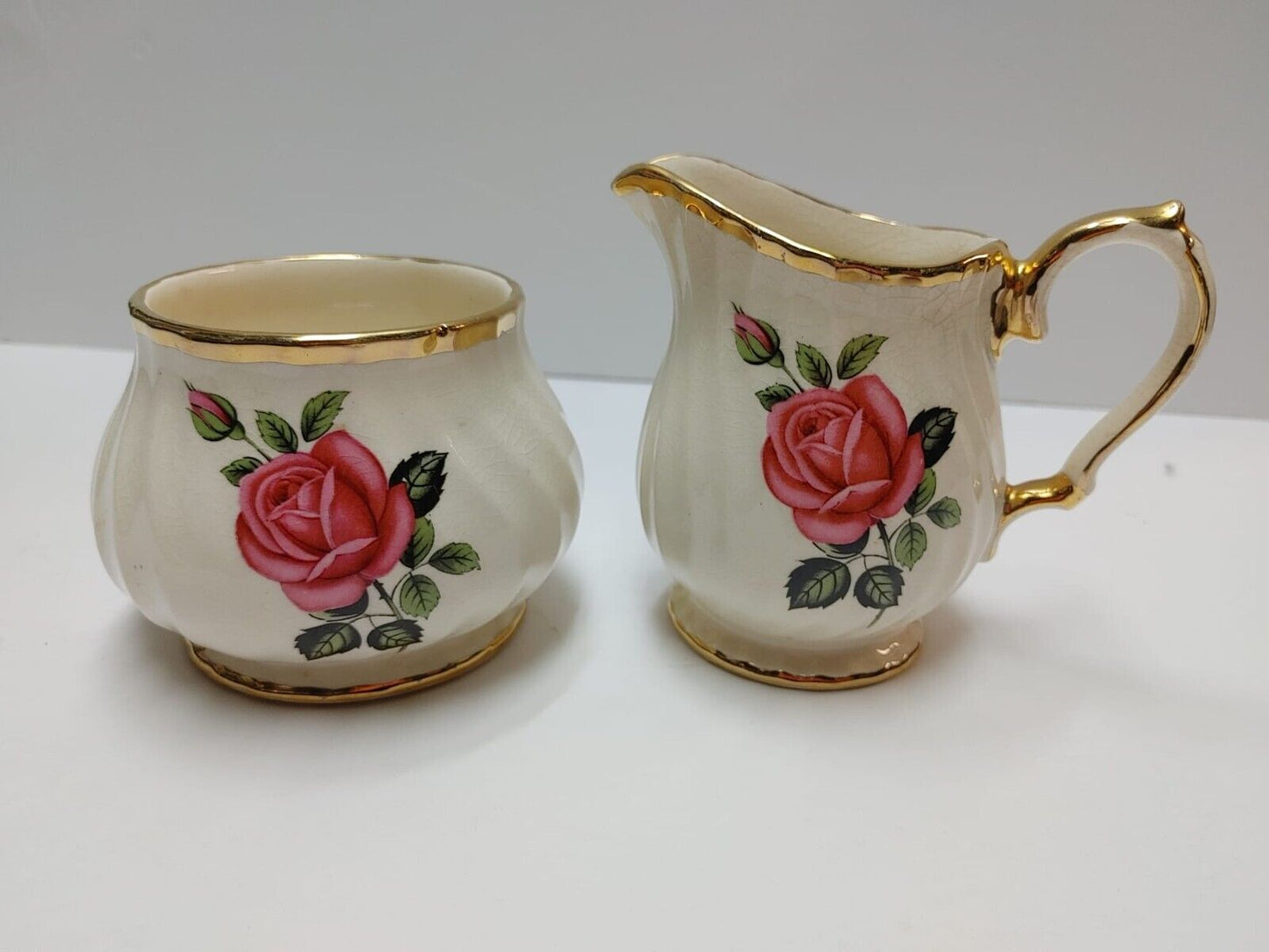 1970's Cream & Sugar Set, Sweet Rose Cream and Sugar With Gold Trim, Tea Time