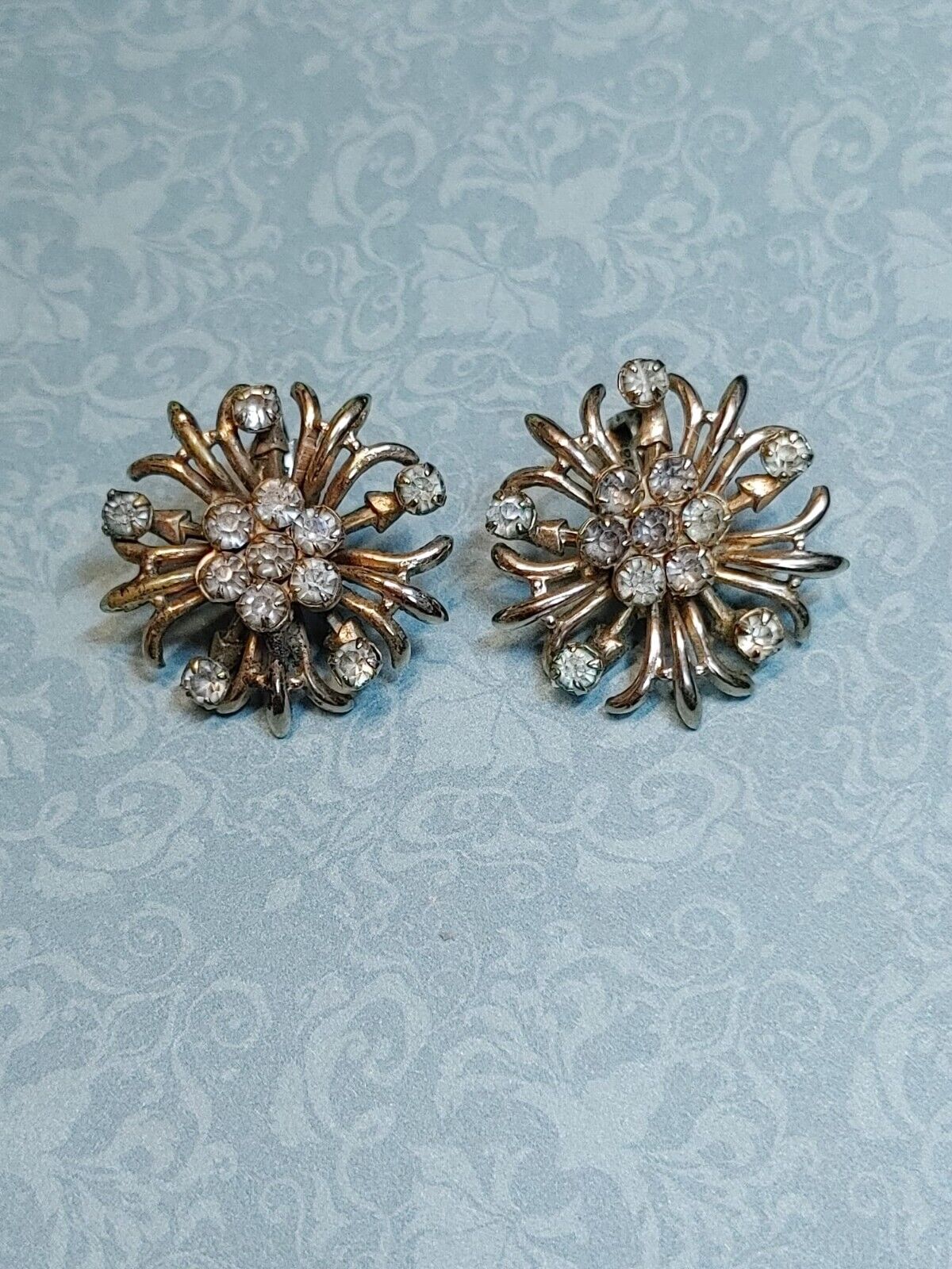 Vintage 1930-40s Signed PAT 1967965 Clip Earrings Rhinestones Goldtone