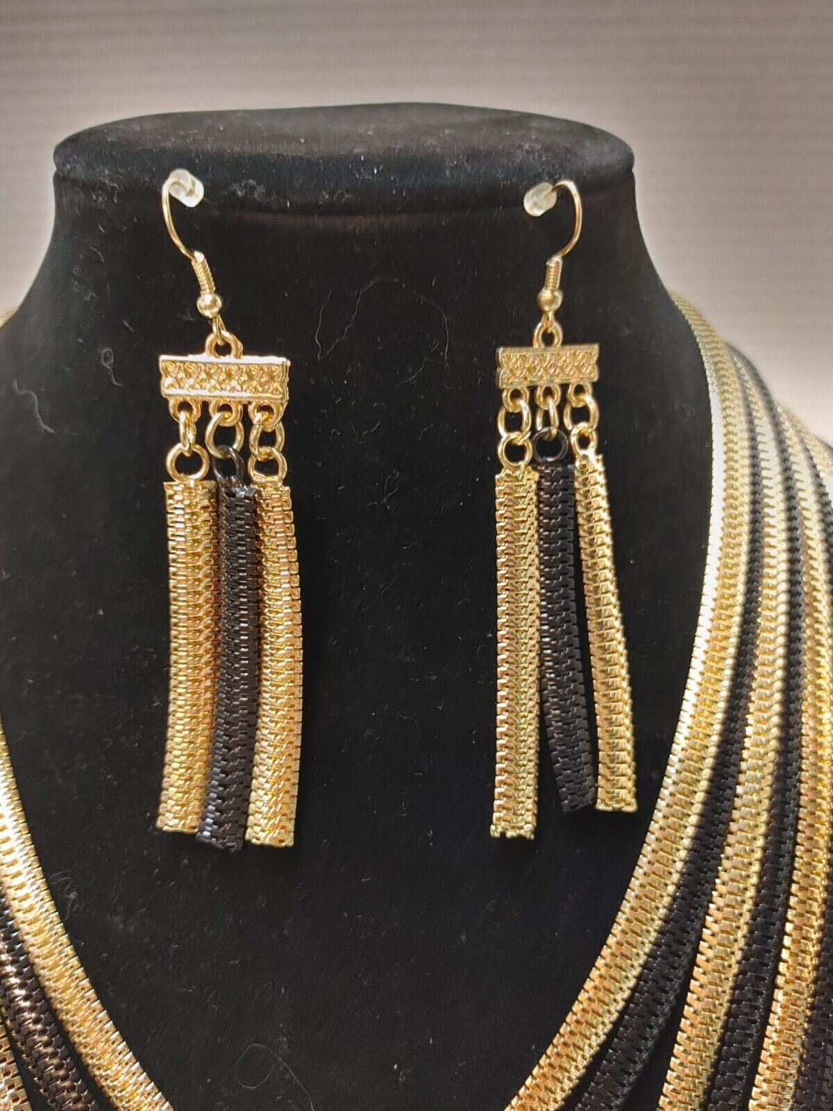 Two Tones Multi Chain Layered Statement Necklace & Earrings, Vintage Jewerly set