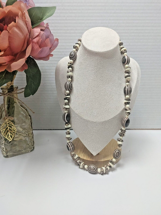 Handmade Boho Long Necklace Brown White Striped Lucite Resin Bead  Unsigned