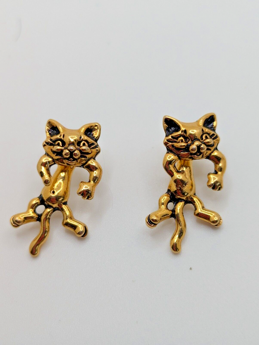 Vintage Stud Pierced Earrings Kitty Cat 2 Part Gold Tone  1-1/8"