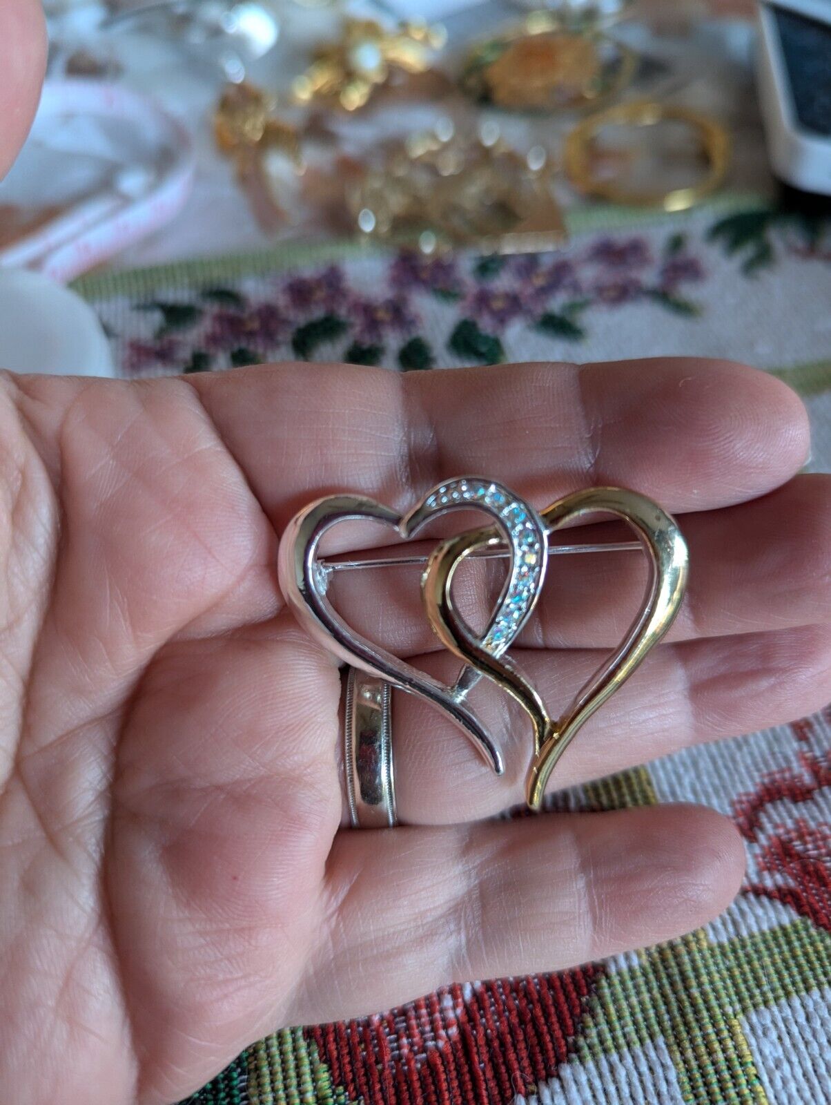 Vintage AB Rhinestones Double Hearts Brooch Pin Goldtone Silvertone
