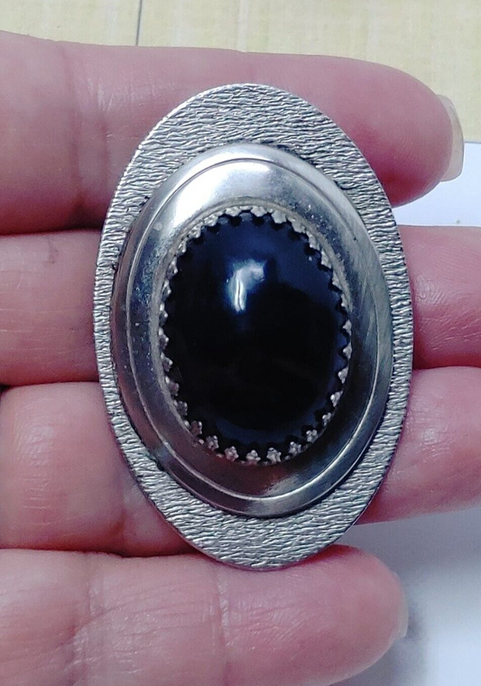 Vintage Large Oval Brooch Pin Pendant Dark Brown Stone Silver Tone