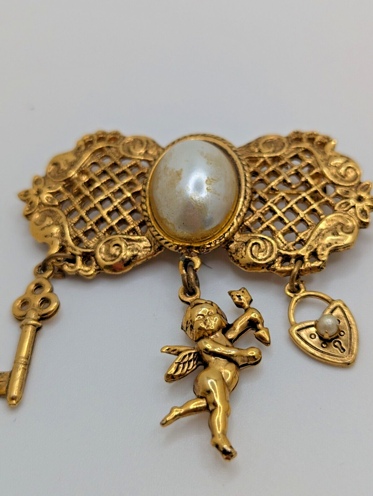 Vintage Goldette Charm Brooch Victorian Revival Dangles Pin Faux Pearl Goldtone