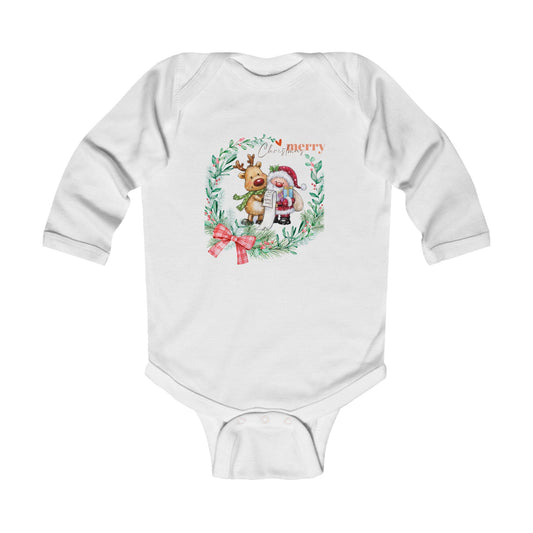 Baby Christmas Bodysuit - 'Merry' Santa & Reindeer Wreath Long Sleeve Infant Onesie