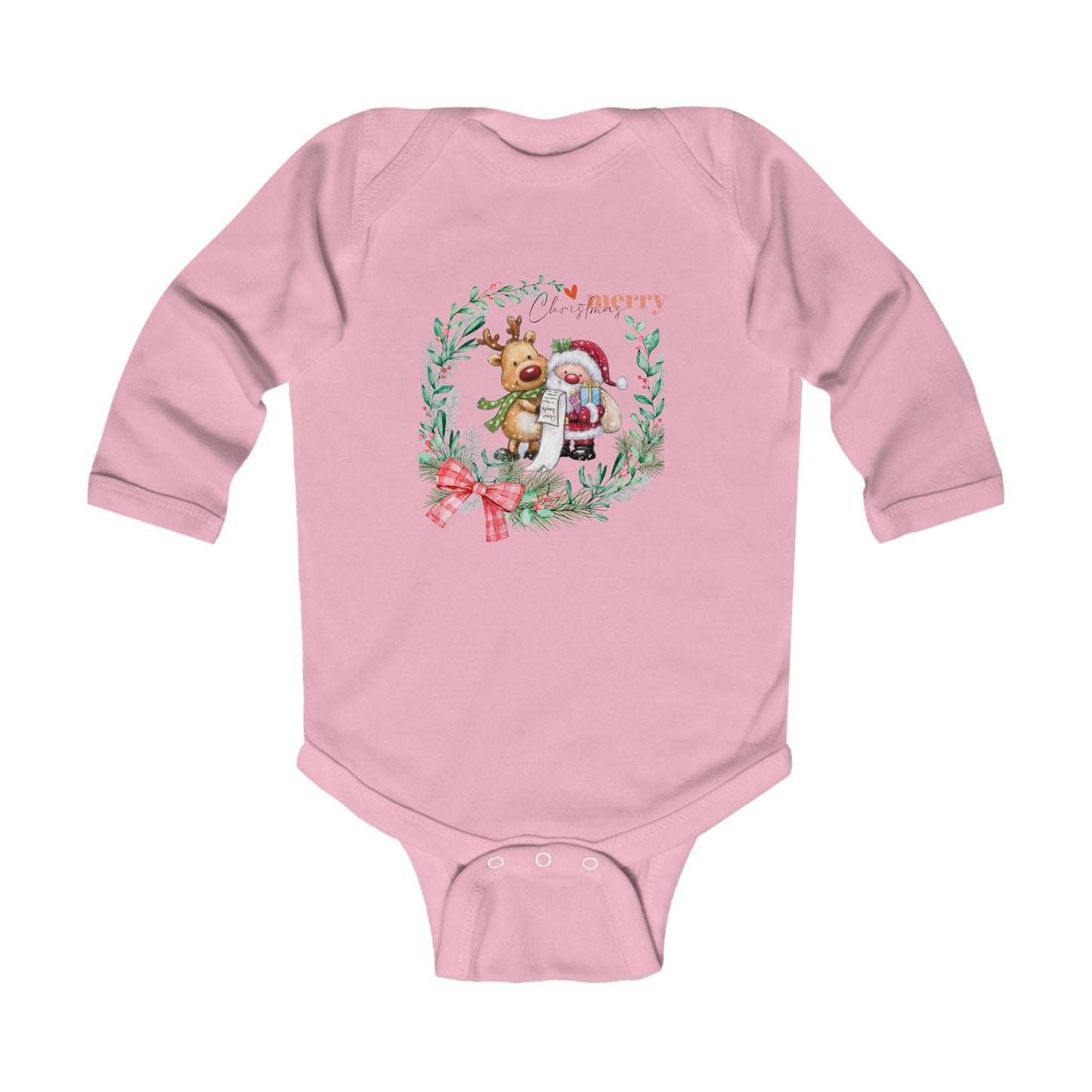 Baby Christmas Bodysuit - 'Merry' Santa & Reindeer Wreath Long Sleeve Infant Onesie