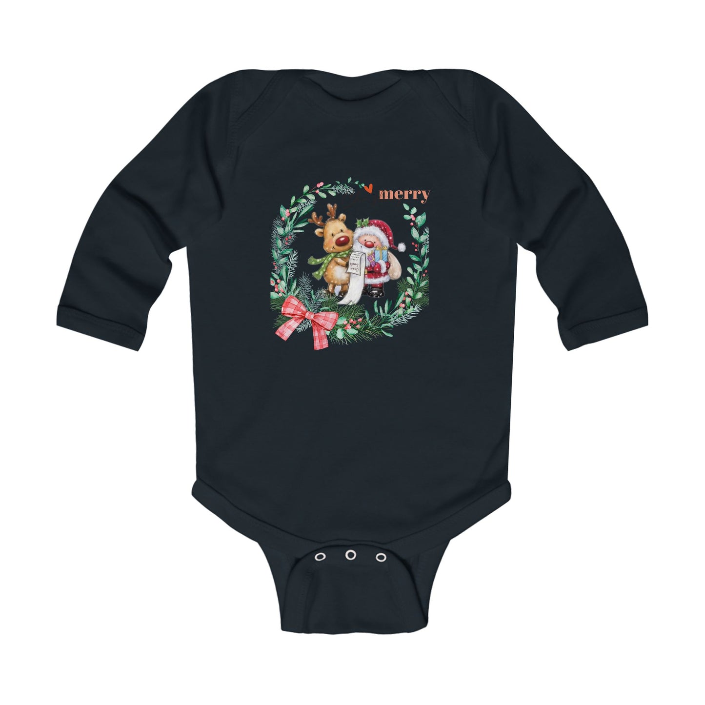 Baby Christmas Bodysuit - 'Merry' Santa & Reindeer Wreath Long Sleeve Infant Onesie