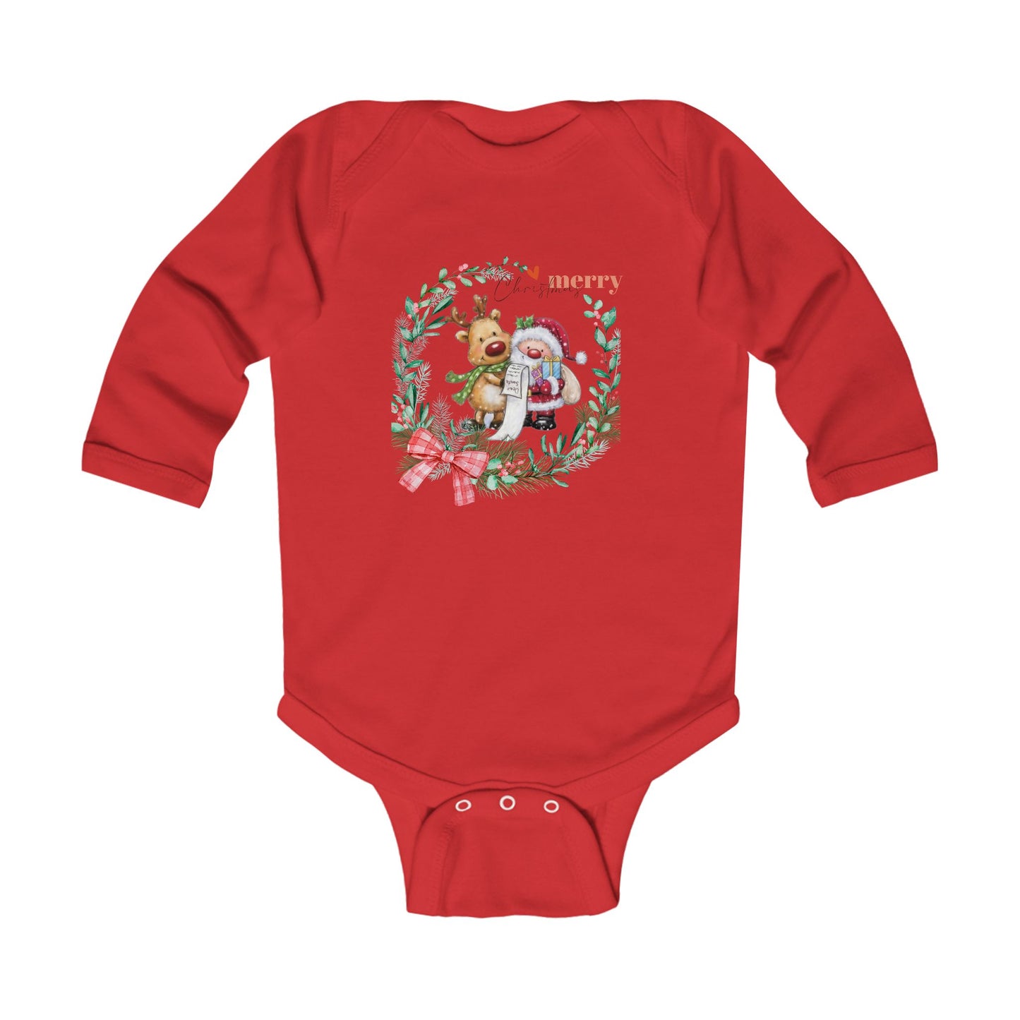 Baby Christmas Bodysuit - 'Merry' Santa & Reindeer Wreath Long Sleeve Infant Onesie