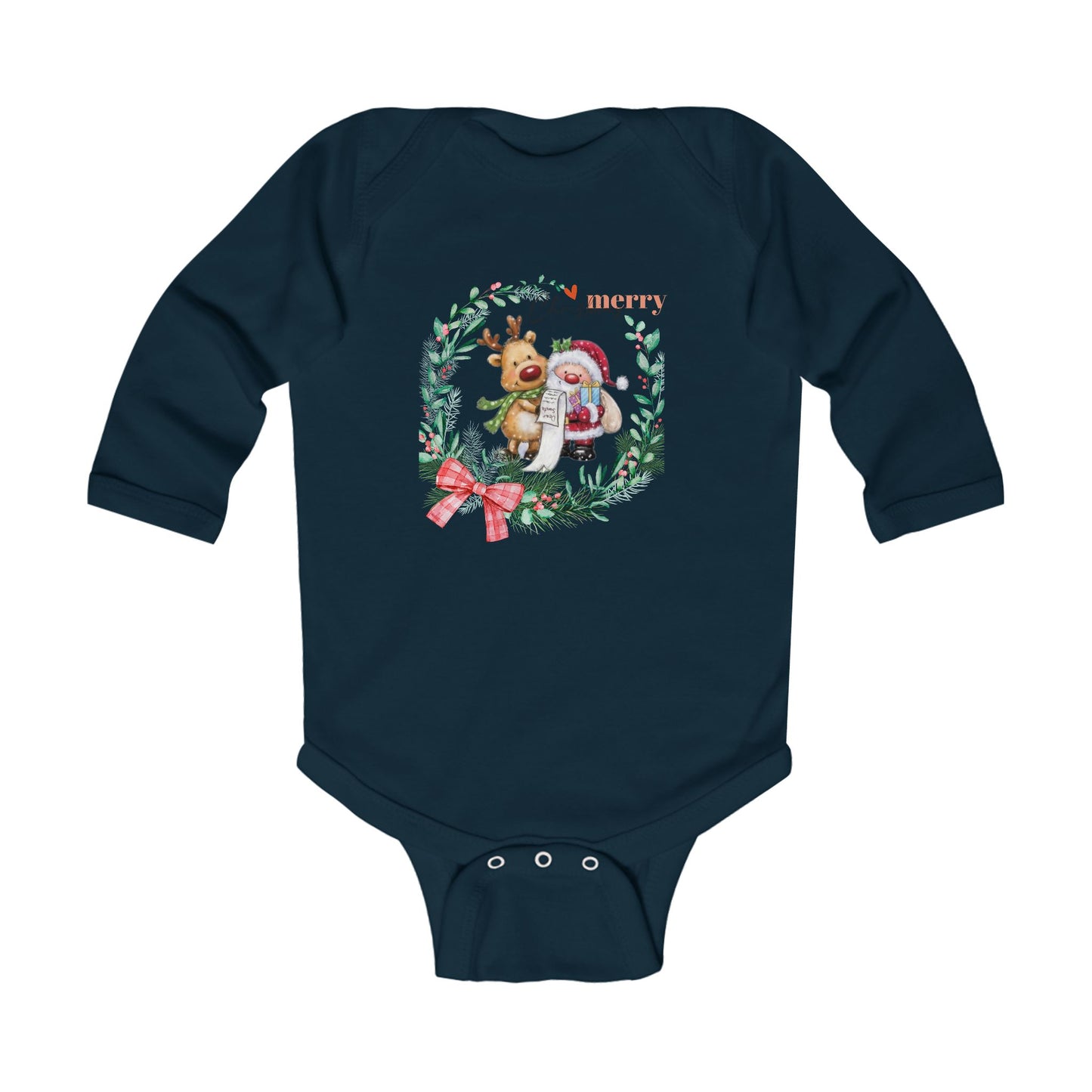 Baby Christmas Bodysuit - 'Merry' Santa & Reindeer Wreath Long Sleeve Infant Onesie