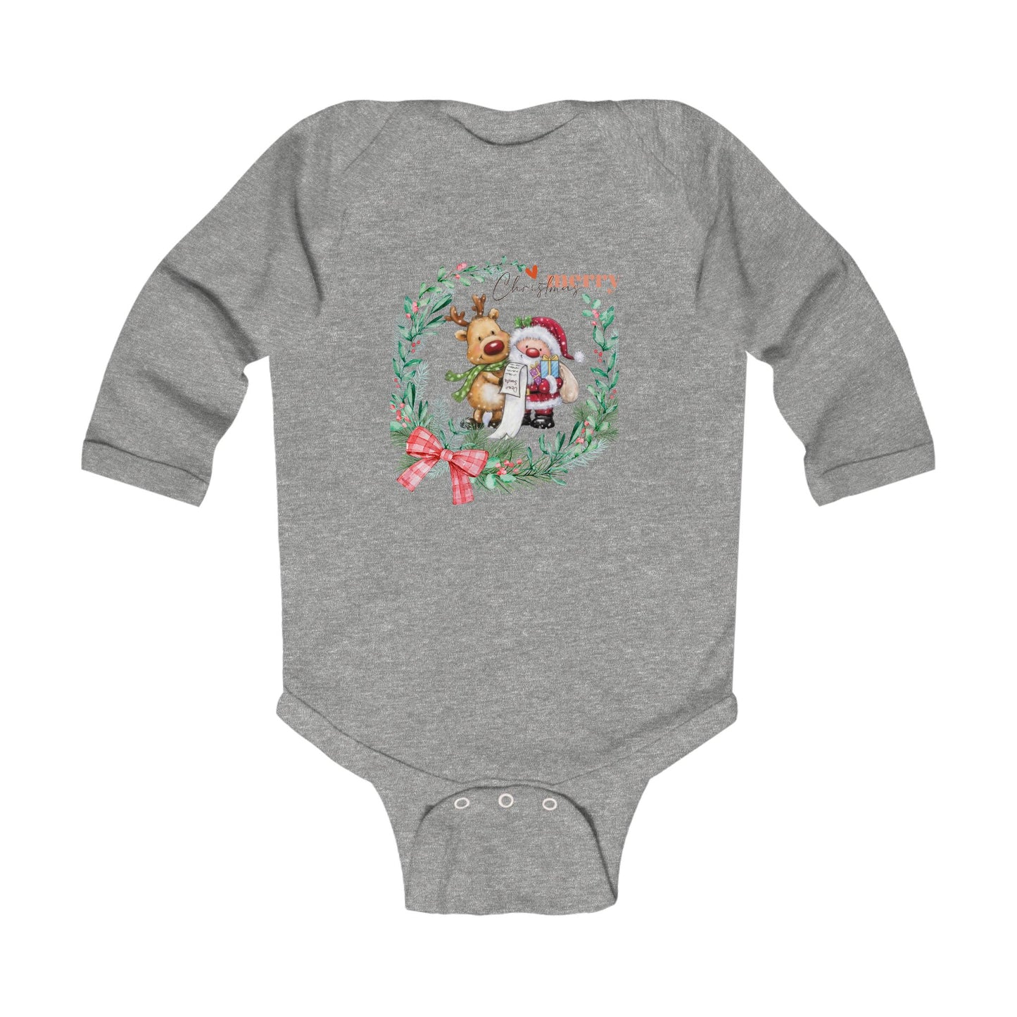 Baby Christmas Bodysuit - 'Merry' Santa & Reindeer Wreath Long Sleeve Infant Onesie