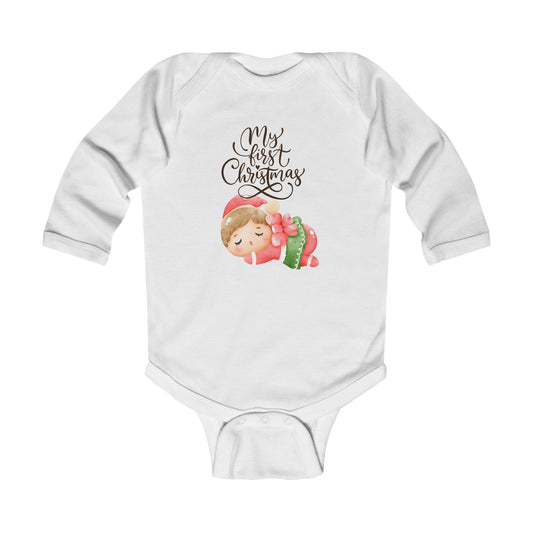 My First Christmas Infant Long Sleeve Bodysuit - Cute Sleeping Baby Holiday Onesie