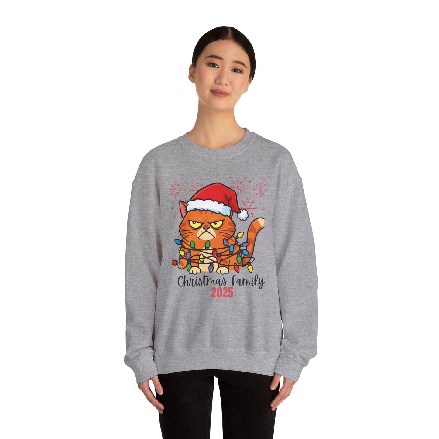 Christmas Cat Crewneck Sweatshirt - "Christmas Family 2025" Cute Grumpy Cat in Santa Hat
