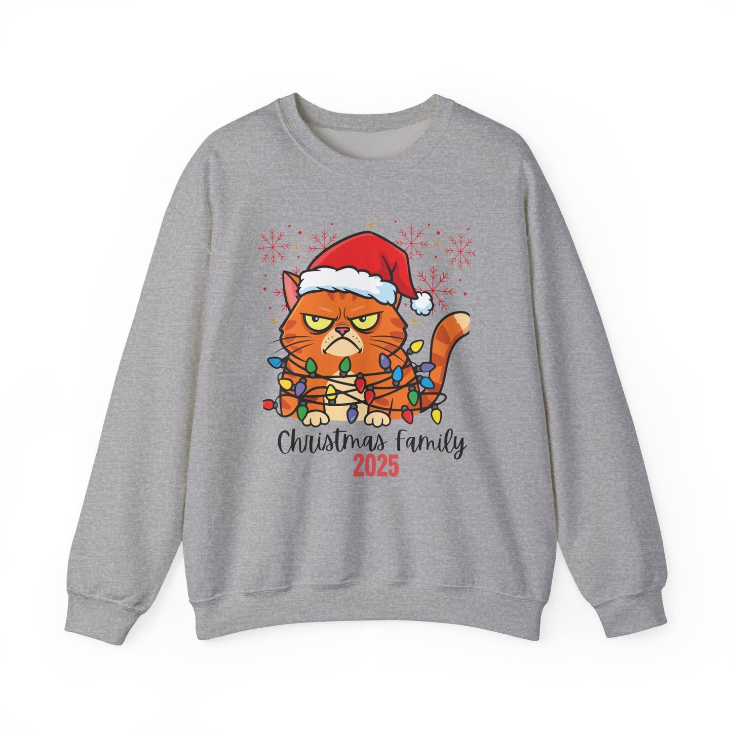 Christmas Cat Crewneck Sweatshirt - "Christmas Family 2025" Cute Grumpy Cat in Santa Hat