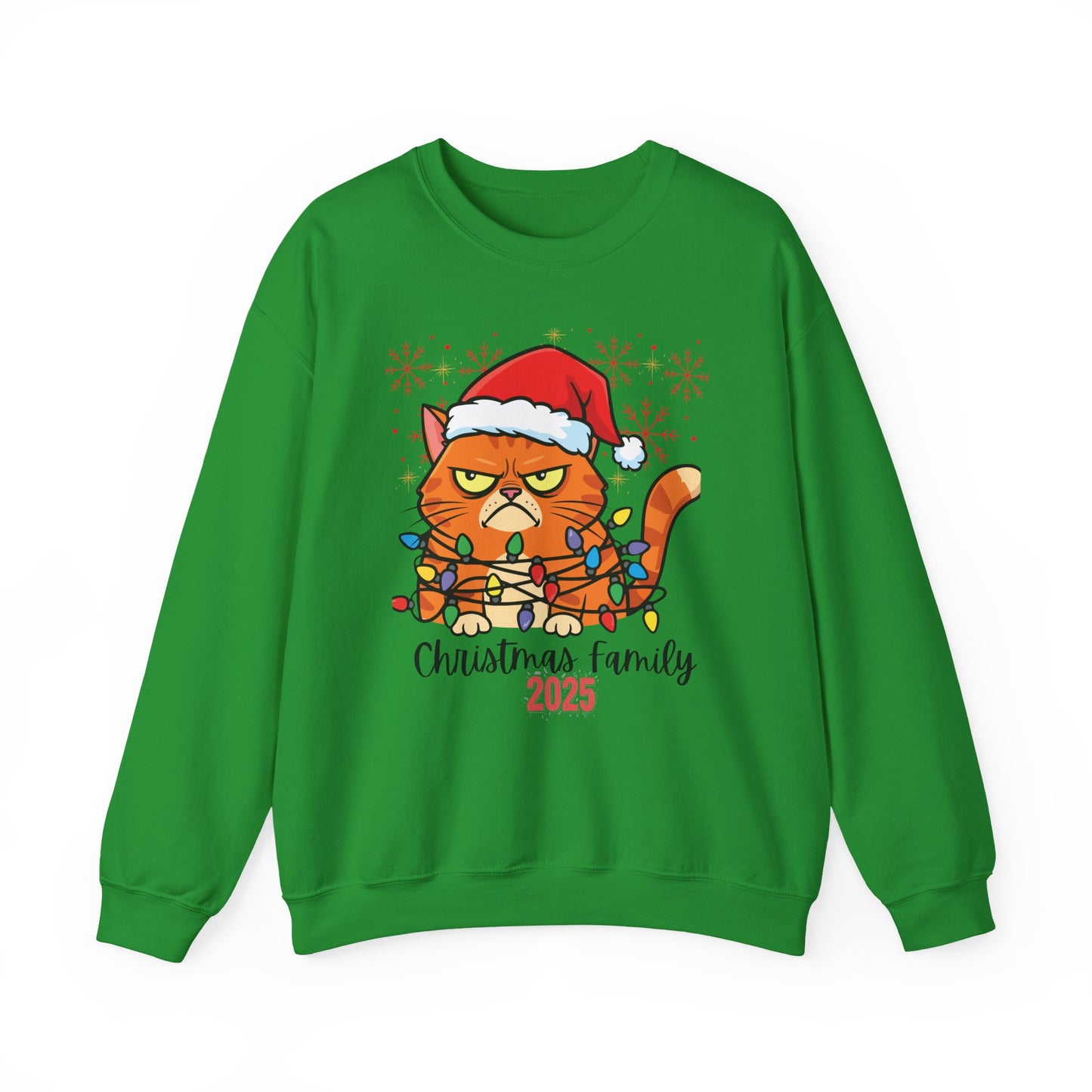Christmas Cat Crewneck Sweatshirt - "Christmas Family 2025" Cute Grumpy Cat in Santa Hat