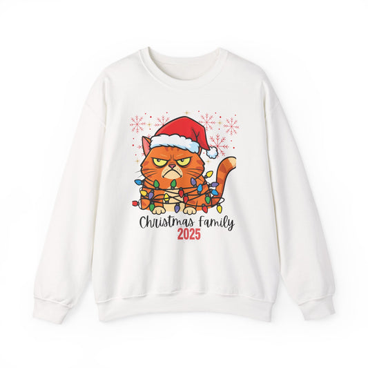Christmas Cat Crewneck Sweatshirt - "Christmas Family 2025" Cute Grumpy Cat in Santa Hat