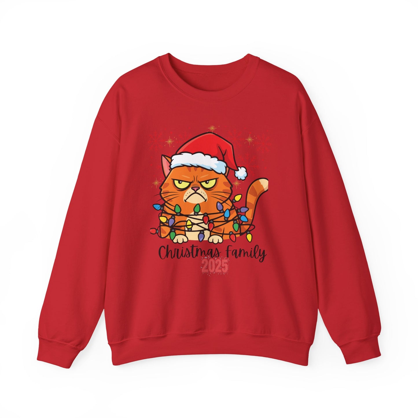 Christmas Cat Crewneck Sweatshirt - "Christmas Family 2025" Cute Grumpy Cat in Santa Hat