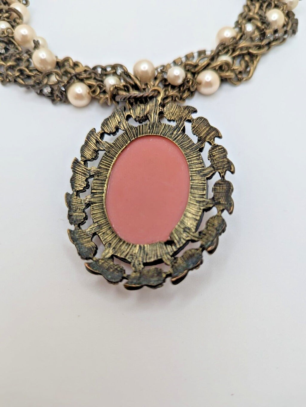 VTG Pink Cameo Pendant Beaded Steampunk Necklace Earrings Rhinestone Faux Pearl