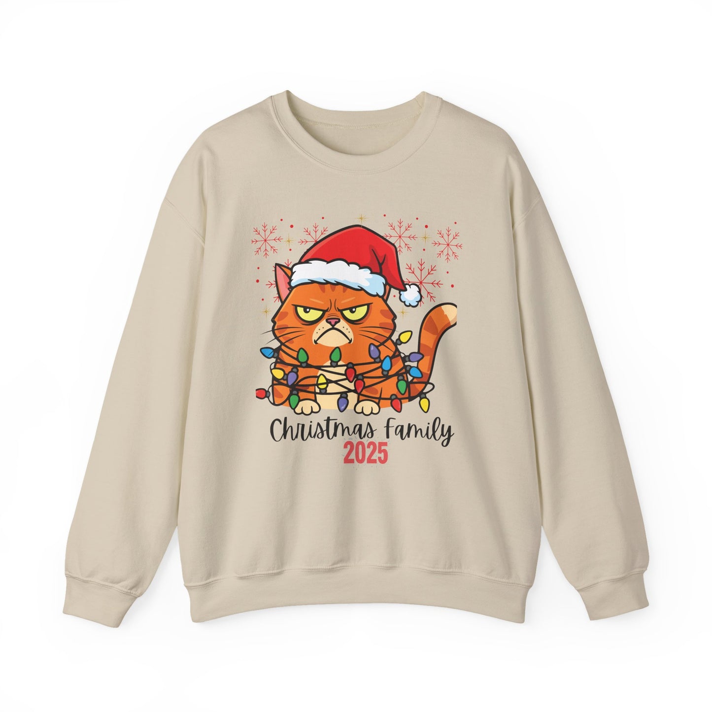 Christmas Cat Crewneck Sweatshirt - "Christmas Family 2025" Cute Grumpy Cat in Santa Hat