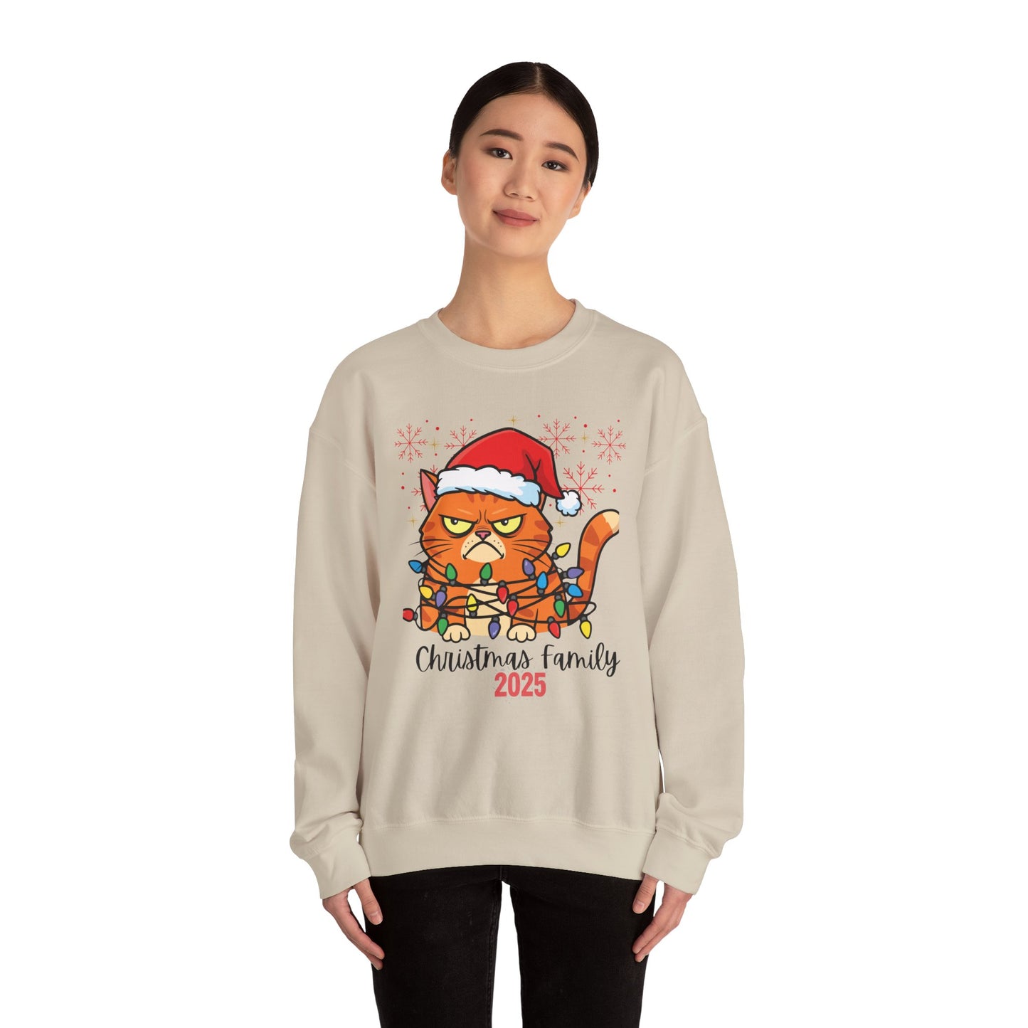 Christmas Cat Crewneck Sweatshirt - "Christmas Family 2025" Cute Grumpy Cat in Santa Hat