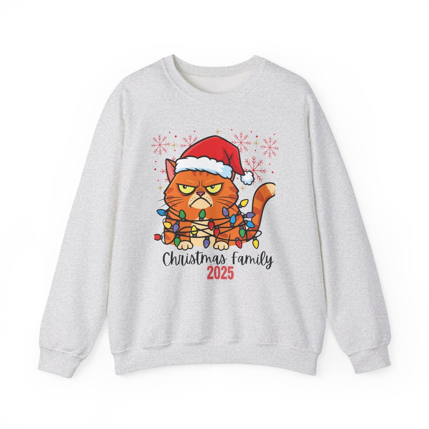 Christmas Cat Crewneck Sweatshirt - "Christmas Family 2025" Cute Grumpy Cat in Santa Hat
