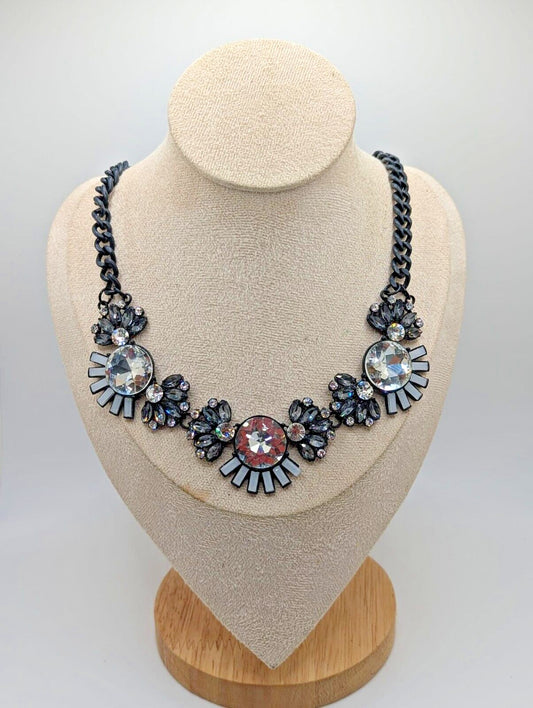 Bib Statement Rhinestone Sparkle Flower Statement Necklace Black Chain