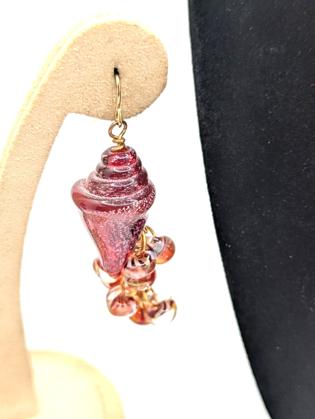 Art Glass Red Seashell Nautilus Necklace & Earrings Red Rope Cord