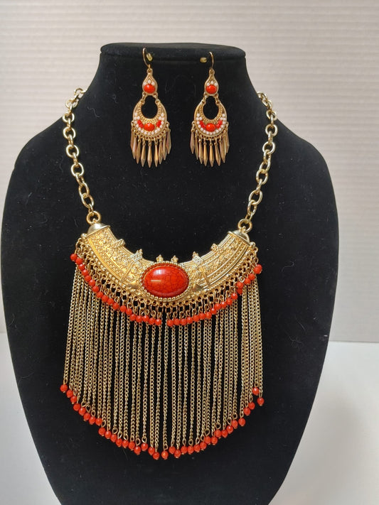 Egipcian Empress Bohemian Tribal Bib Coral color stone Necklace & Earrings Gold