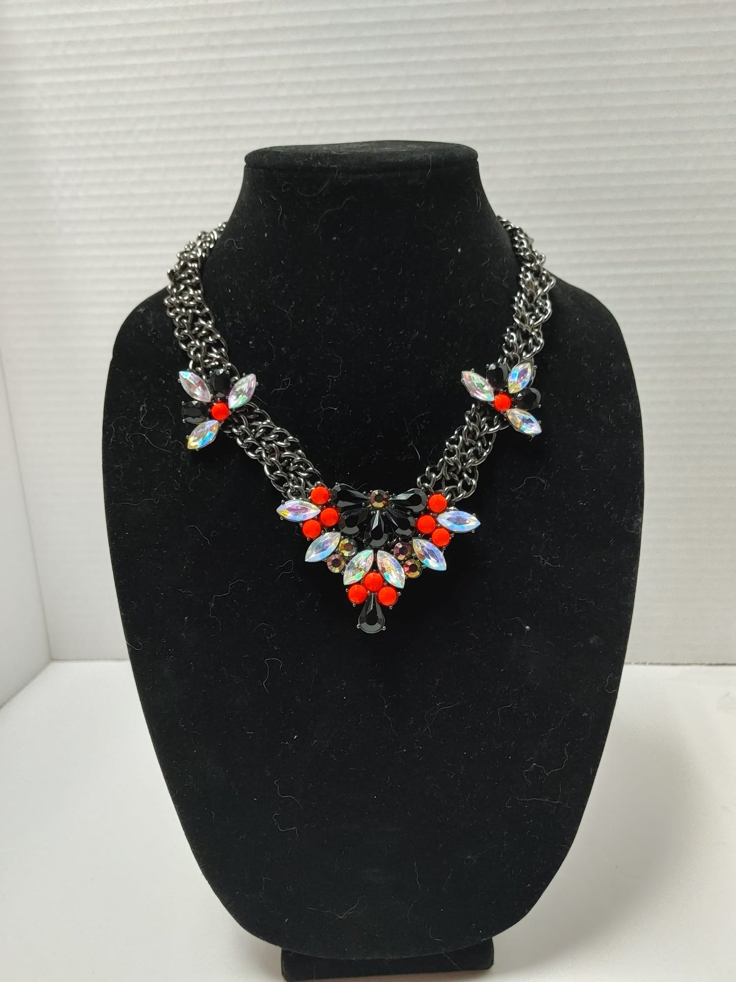 ALDO Chain Statement Necklace Embellished Crystals Chunky Braided Silver Neon