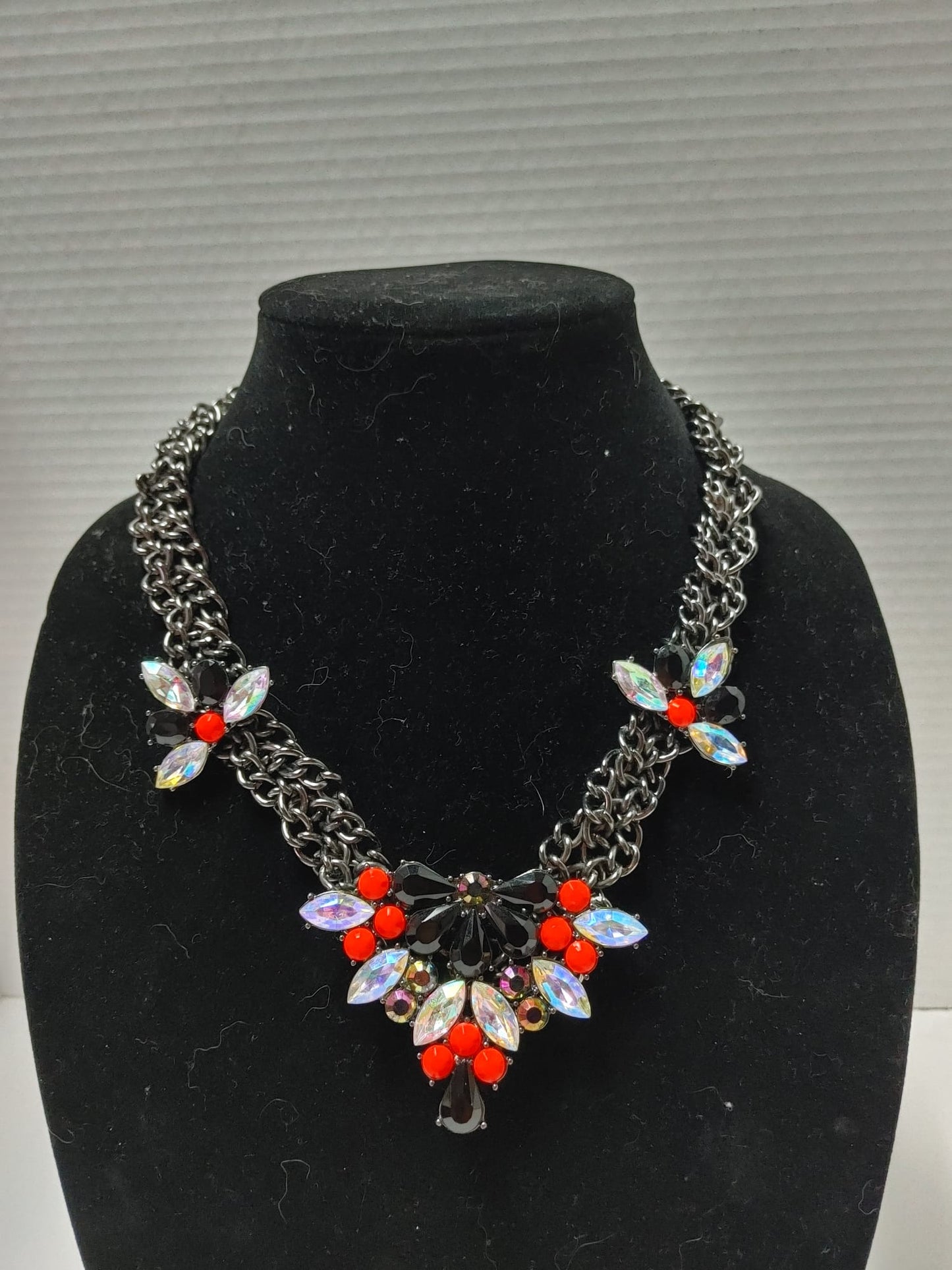 ALDO Chain Statement Necklace Embellished Crystals Chunky Braided Silver Neon