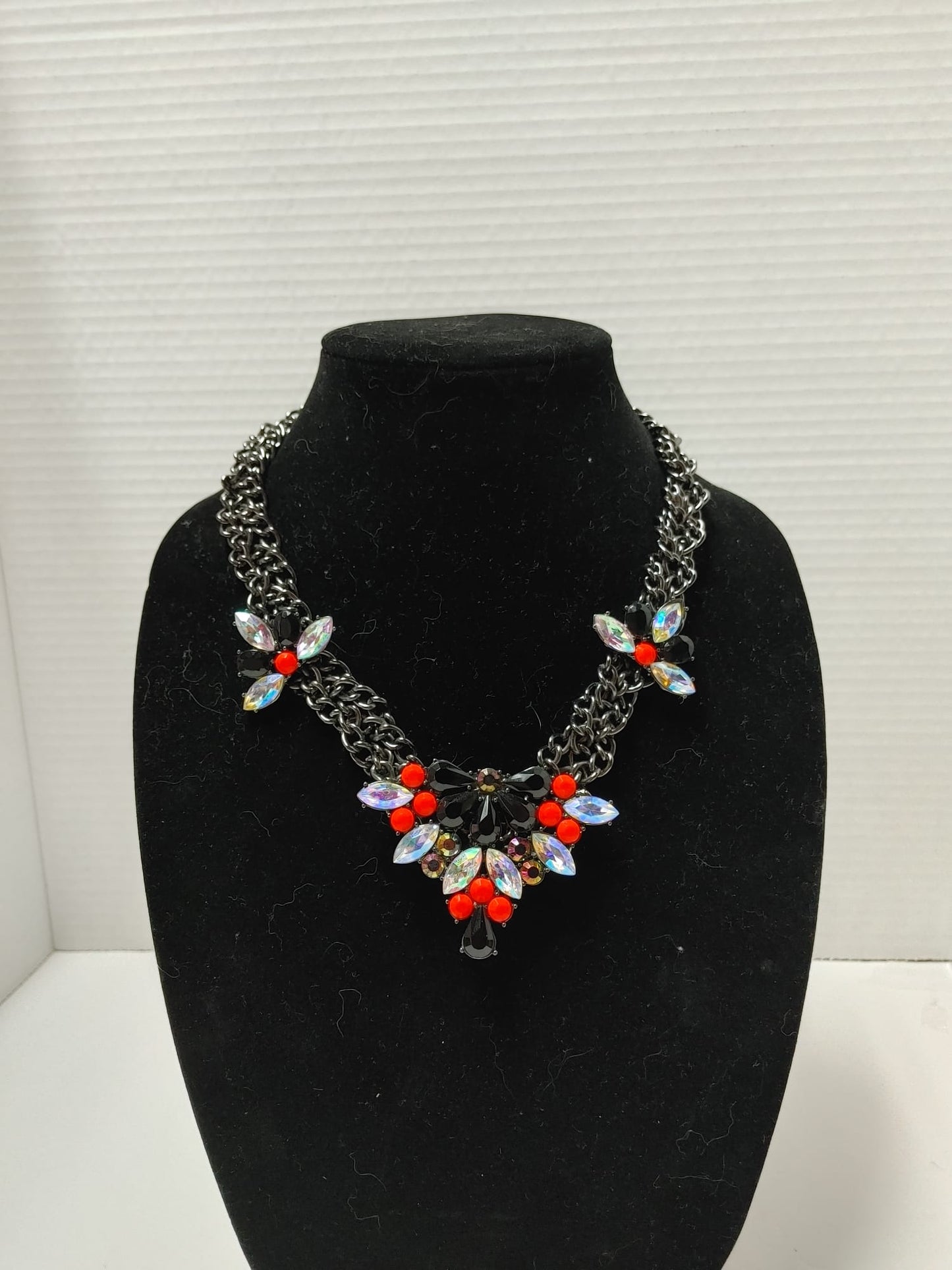 ALDO Chain Statement Necklace Embellished Crystals Chunky Braided Silver Neon