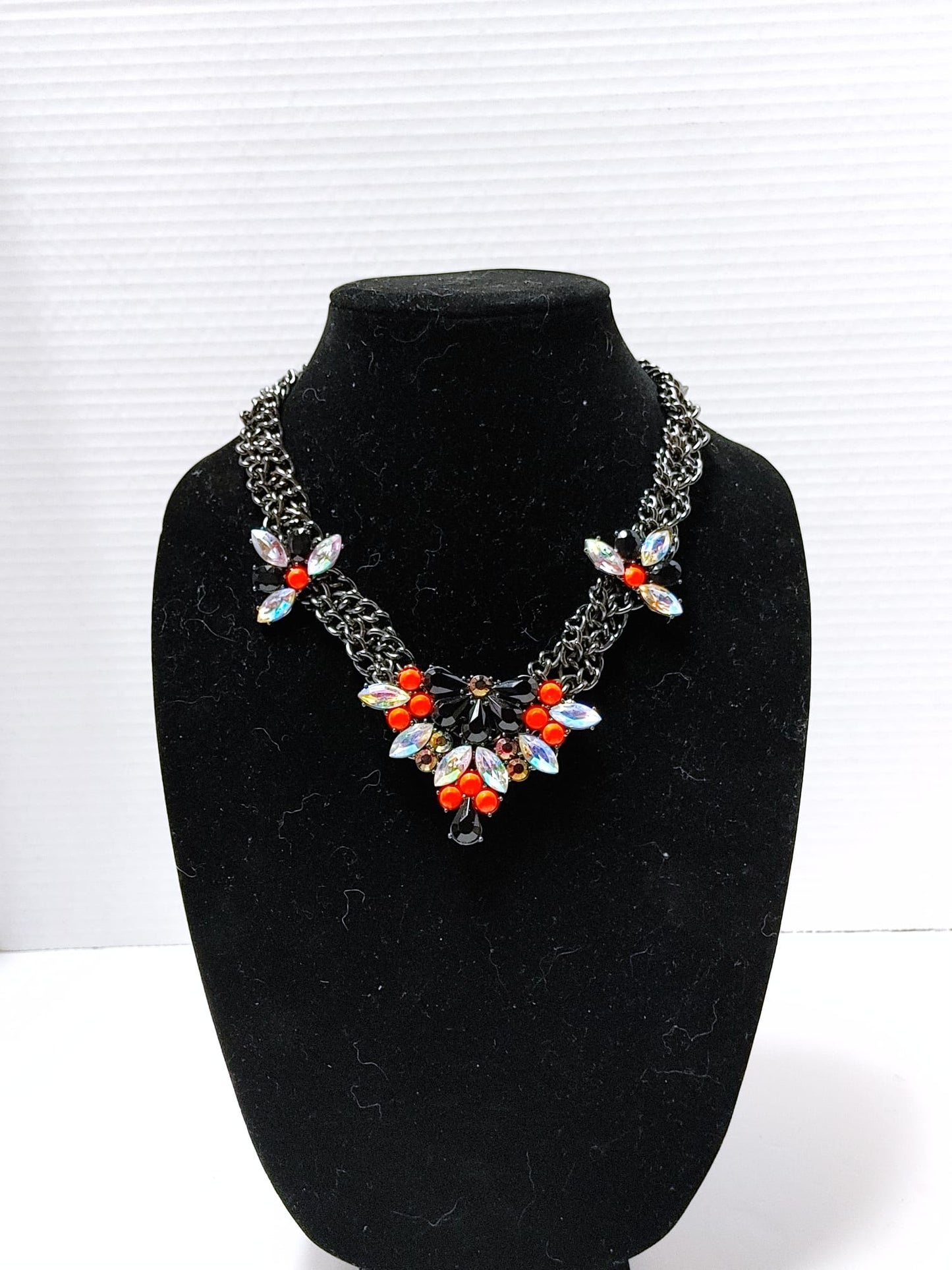 ALDO Chain Statement Necklace Embellished Crystals Chunky Braided Silver Neon