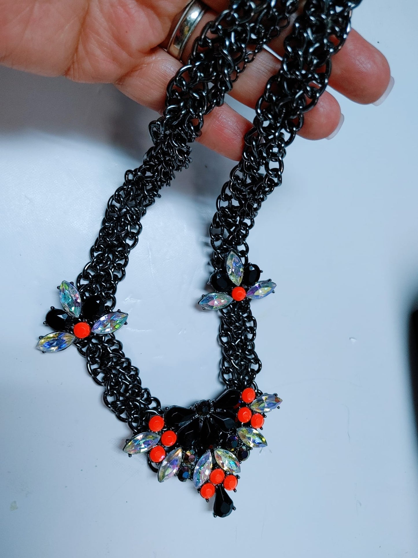 ALDO Chain Statement Necklace Embellished Crystals Chunky Braided Silver Neon