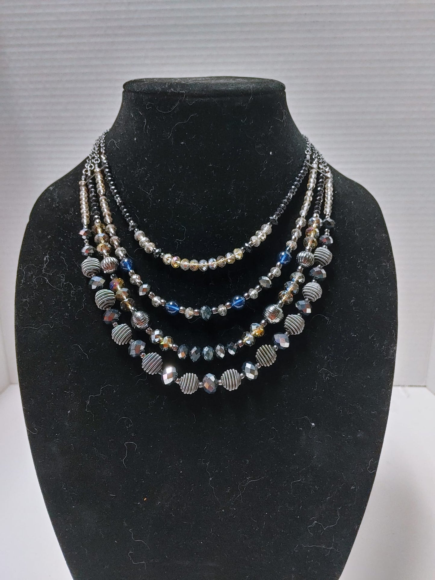Avon NRO Signed Multi-Strand 17" Necklace & Earring Set Blue Black Beads Silver