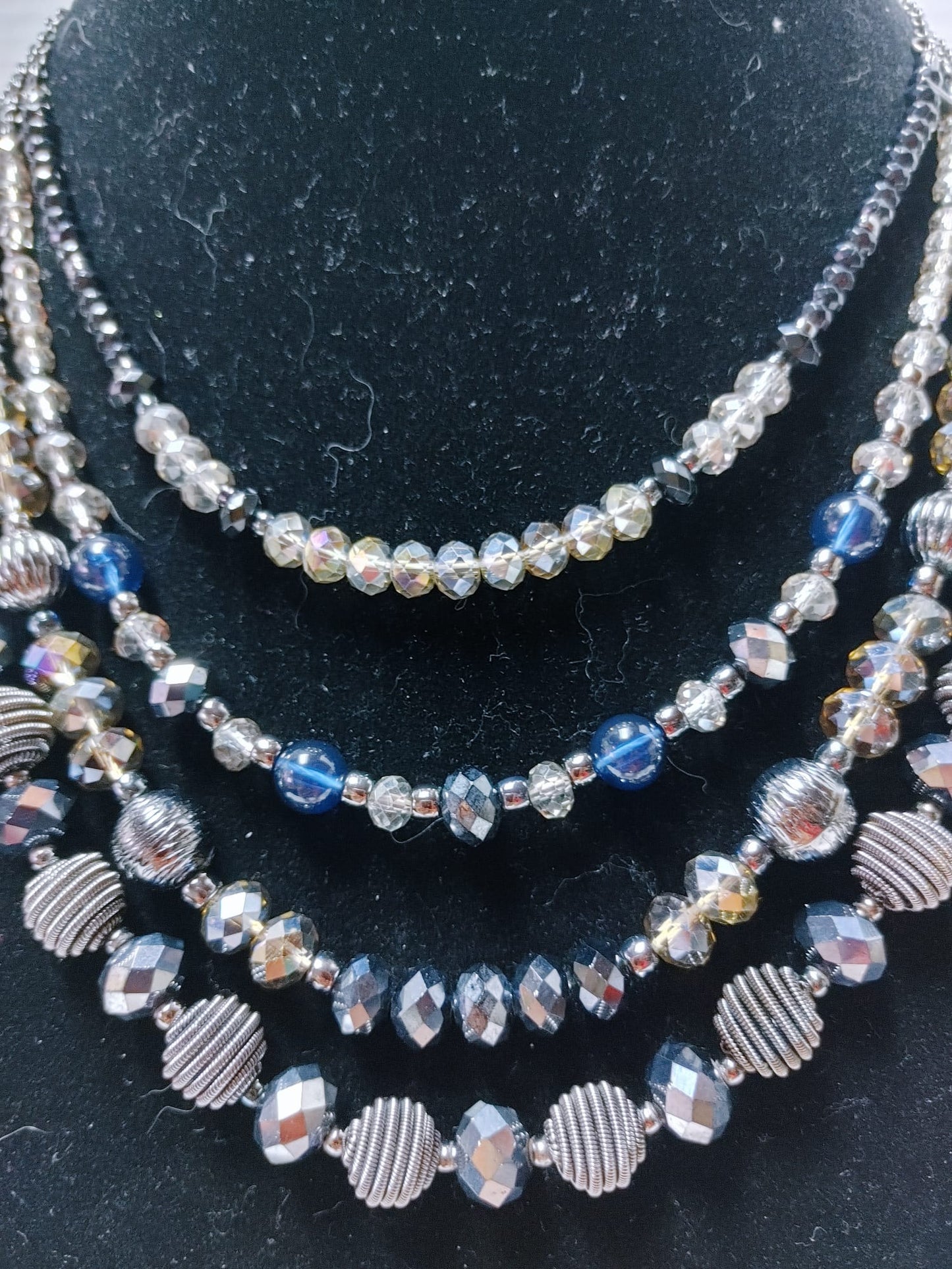Avon NRO Signed Multi-Strand 17" Necklace & Earring Set Blue Black Beads Silver