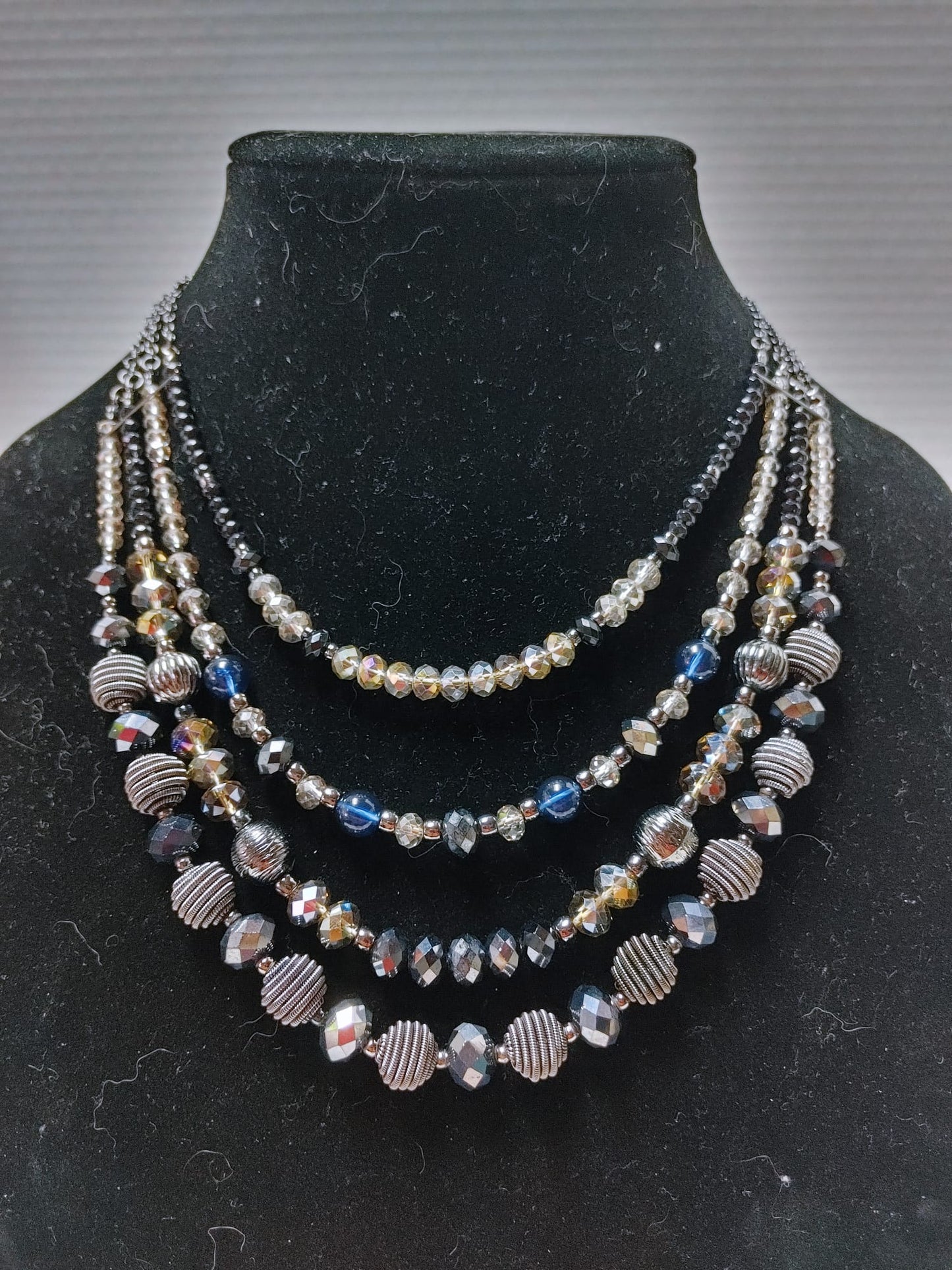 Avon NRO Signed Multi-Strand 17" Necklace & Earring Set Blue Black Beads Silver