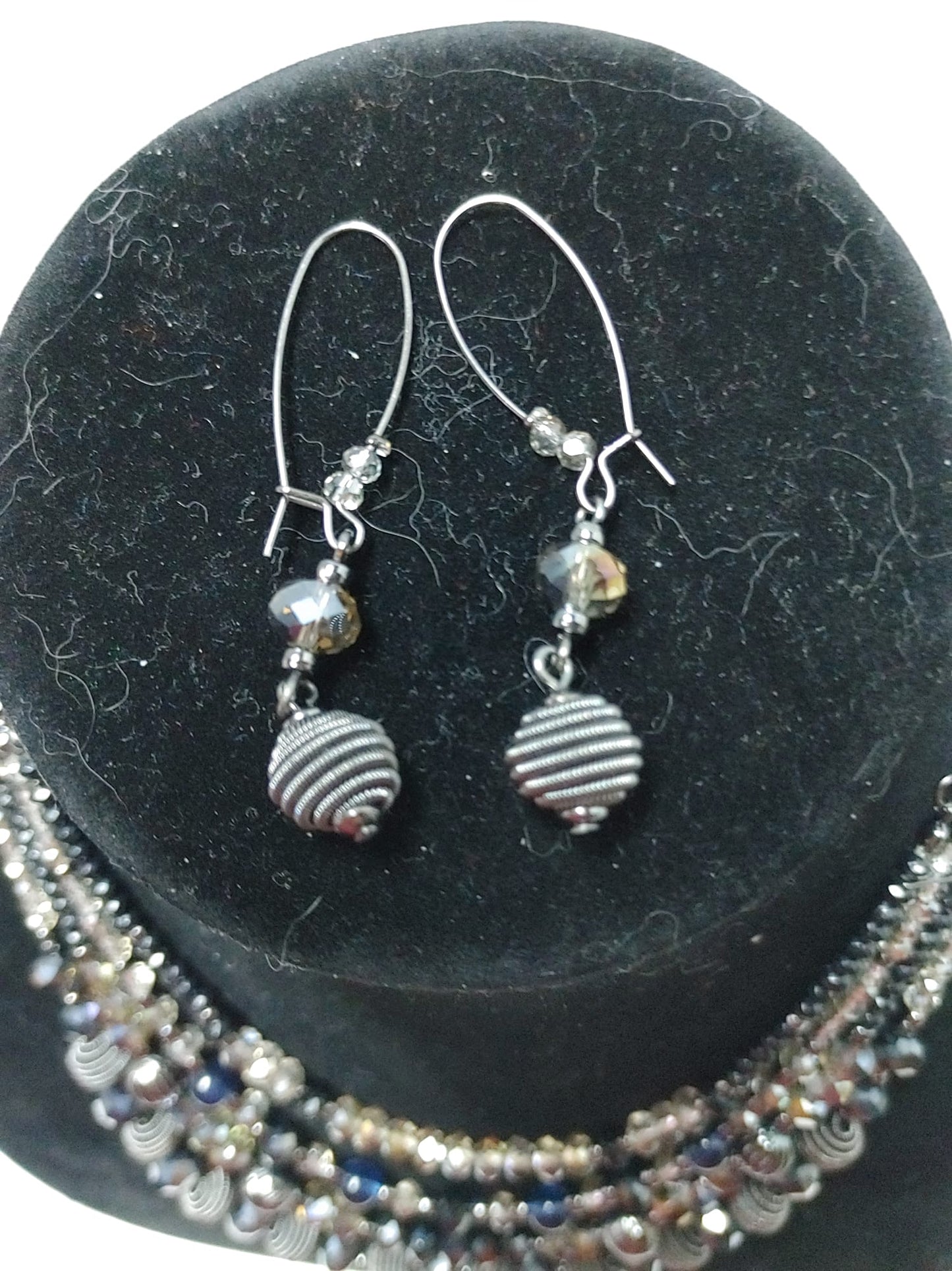 Avon NRO Signed Multi-Strand 17" Necklace & Earring Set Blue Black Beads Silver