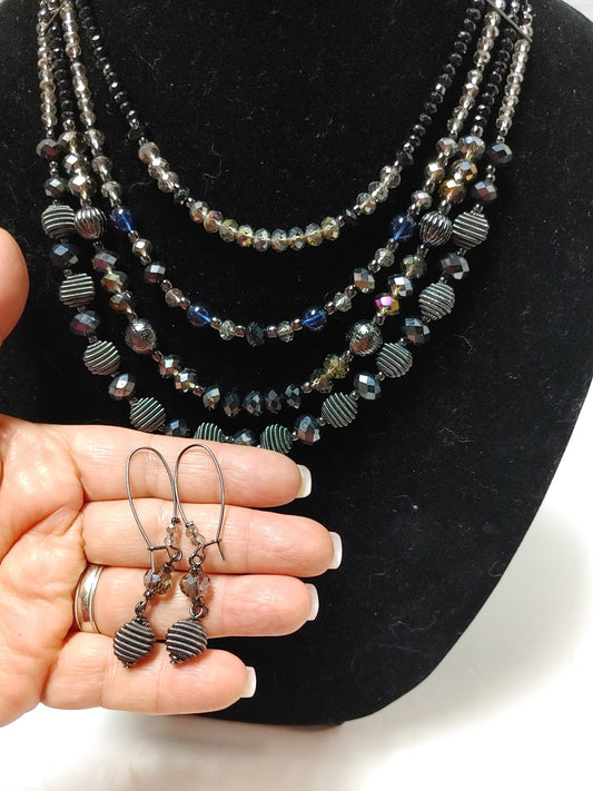 Avon NRO Signed Multi-Strand 17" Necklace & Earring Set Blue Black Beads Silver