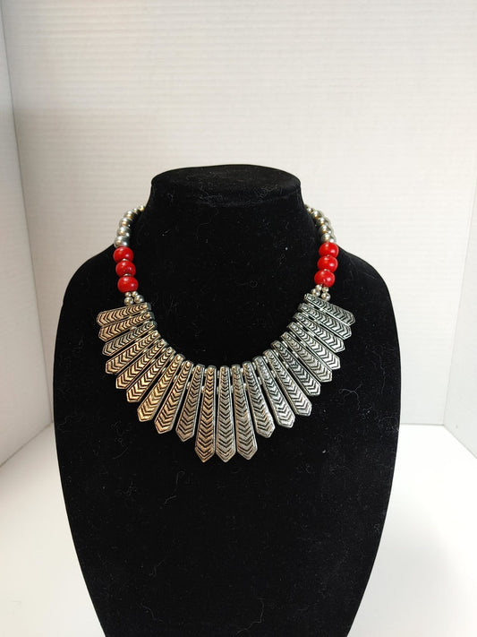 Egyptian Fringe Red Silver Beaded Statement Collar Necklace Silver Tone