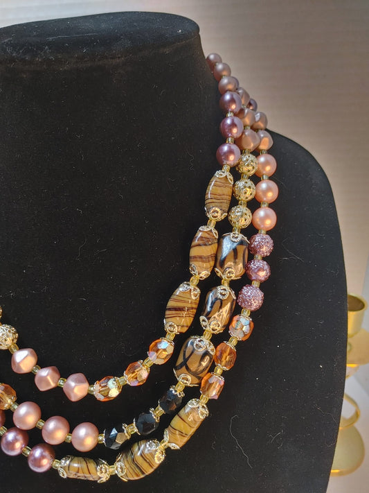 Multi-Strand Art Glass Necklace Fx Pearl Beaded Bib Pink Brown Gold Tone Vintage