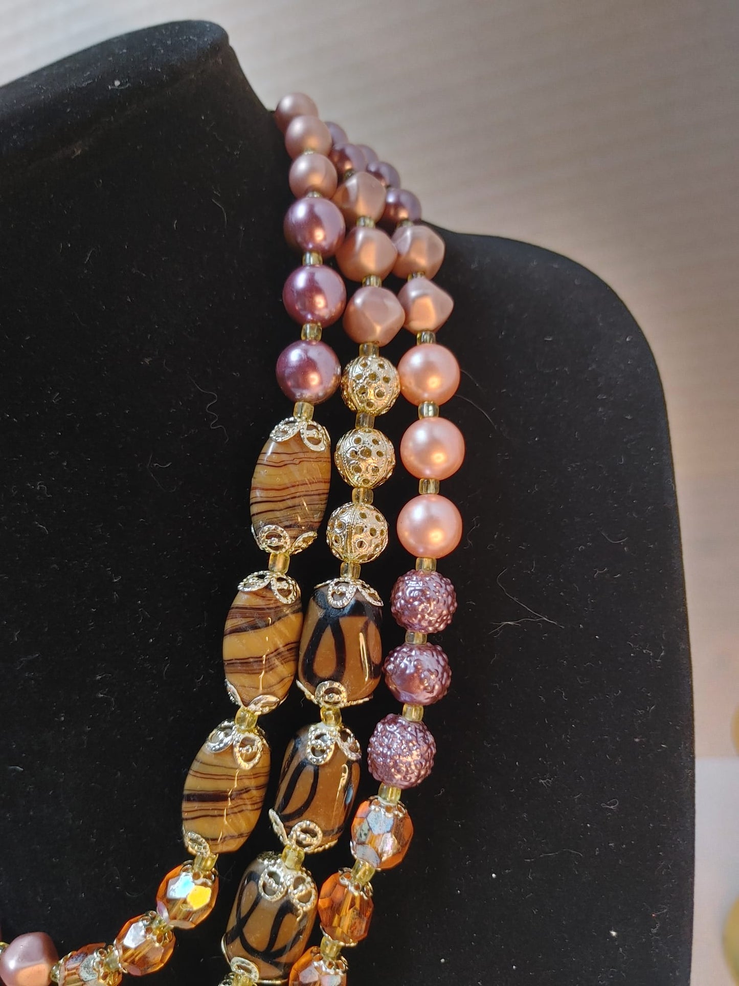 Multi-Strand Art Glass Necklace Fx Pearl Beaded Bib Pink Brown Gold Tone Vintage