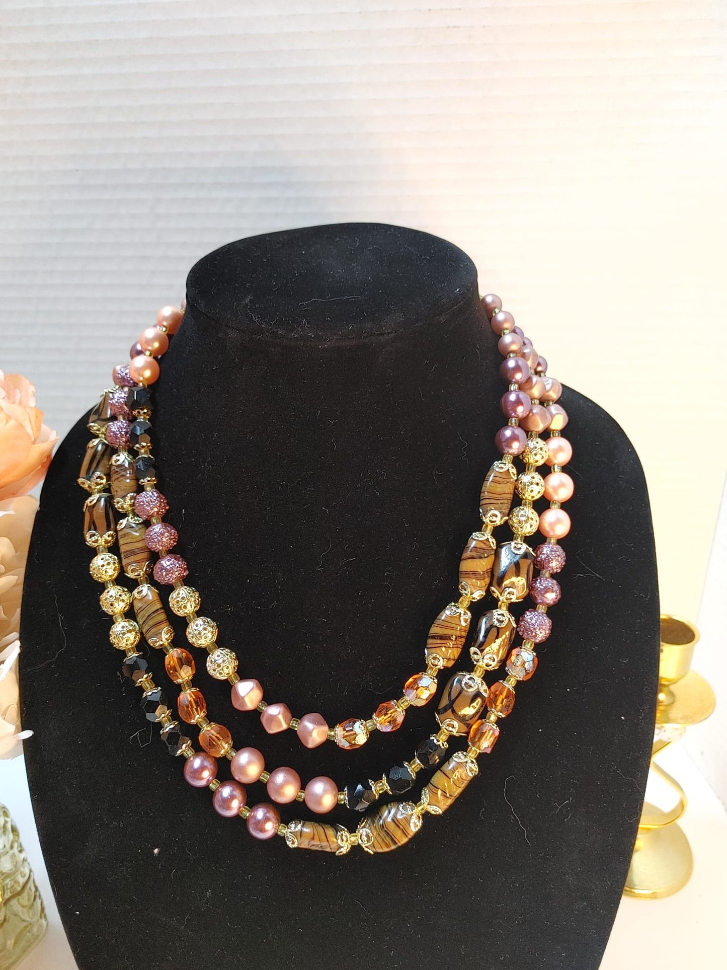 Multi-Strand Art Glass Necklace Fx Pearl Beaded Bib Pink Brown Gold Tone Vintage