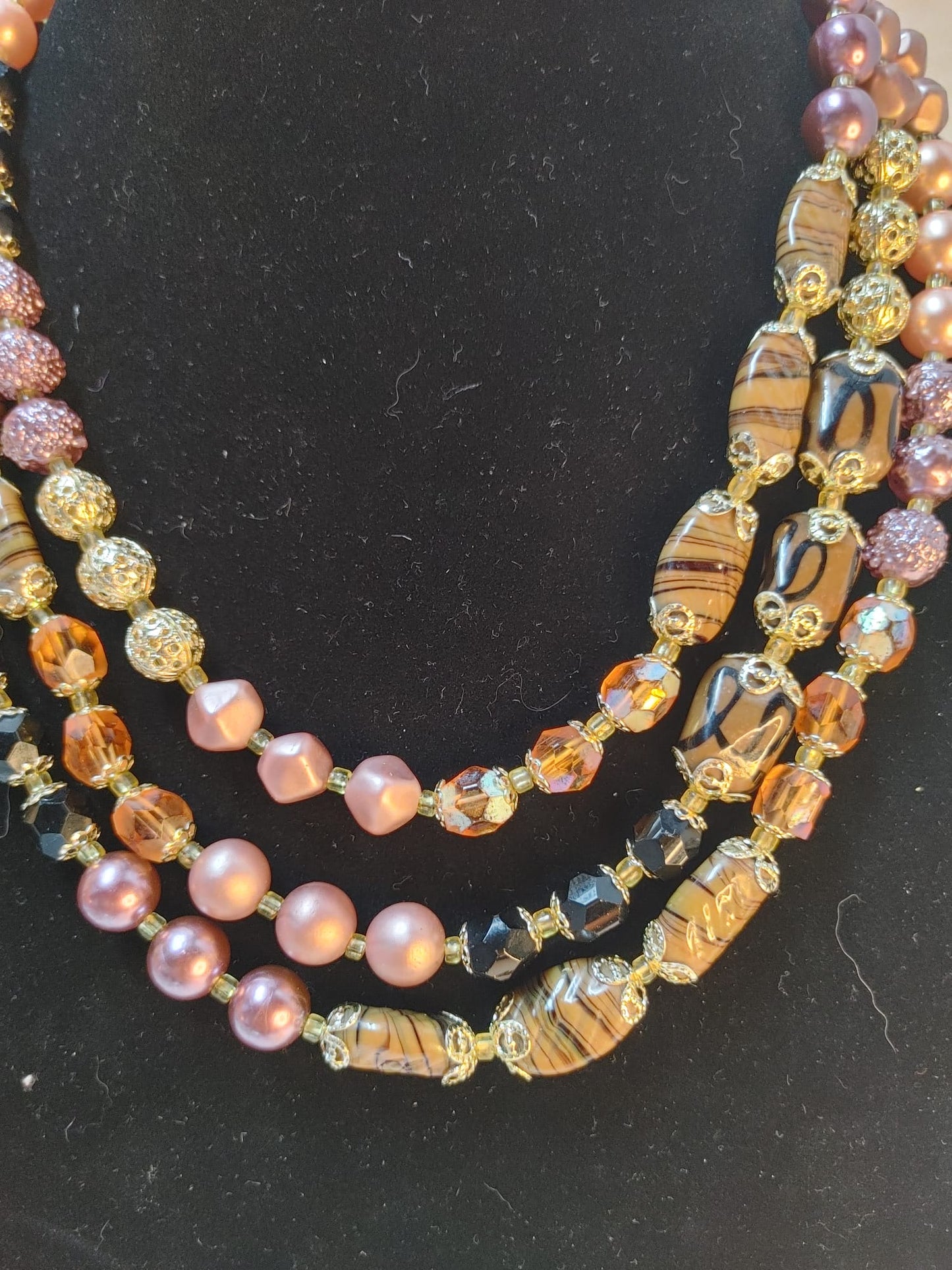 Multi-Strand Art Glass Necklace Fx Pearl Beaded Bib Pink Brown Gold Tone Vintage