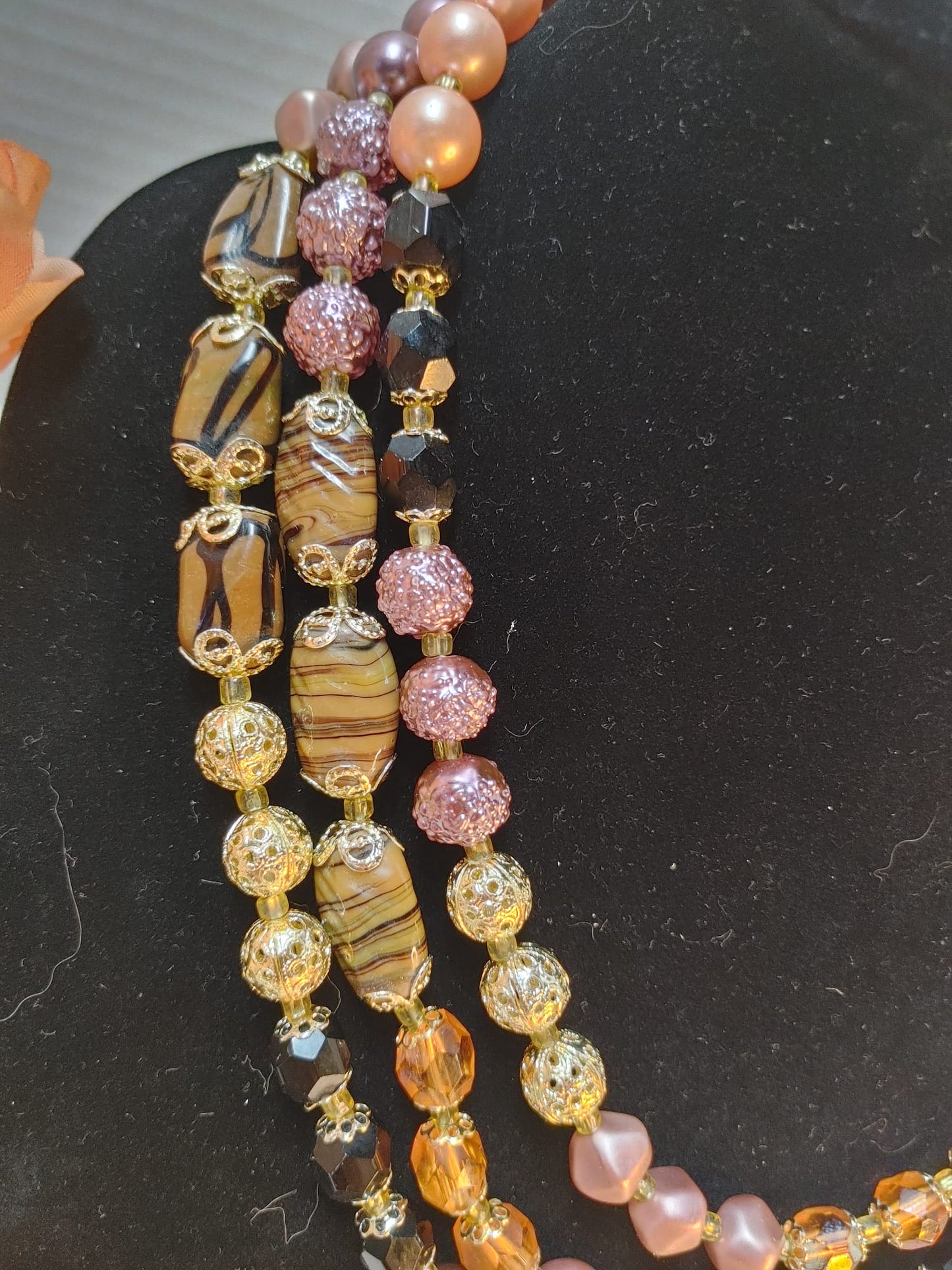 Multi-Strand Art Glass Necklace Fx Pearl Beaded Bib Pink Brown Gold Tone Vintage