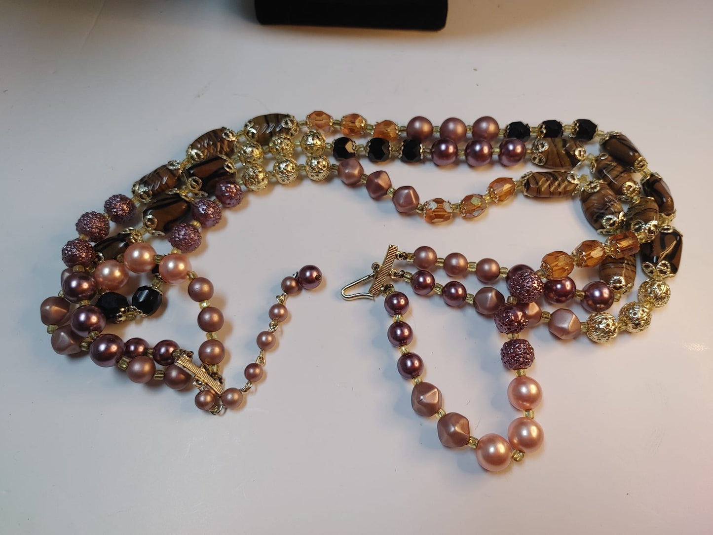 Multi-Strand Art Glass Necklace Fx Pearl Beaded Bib Pink Brown Gold Tone Vintage