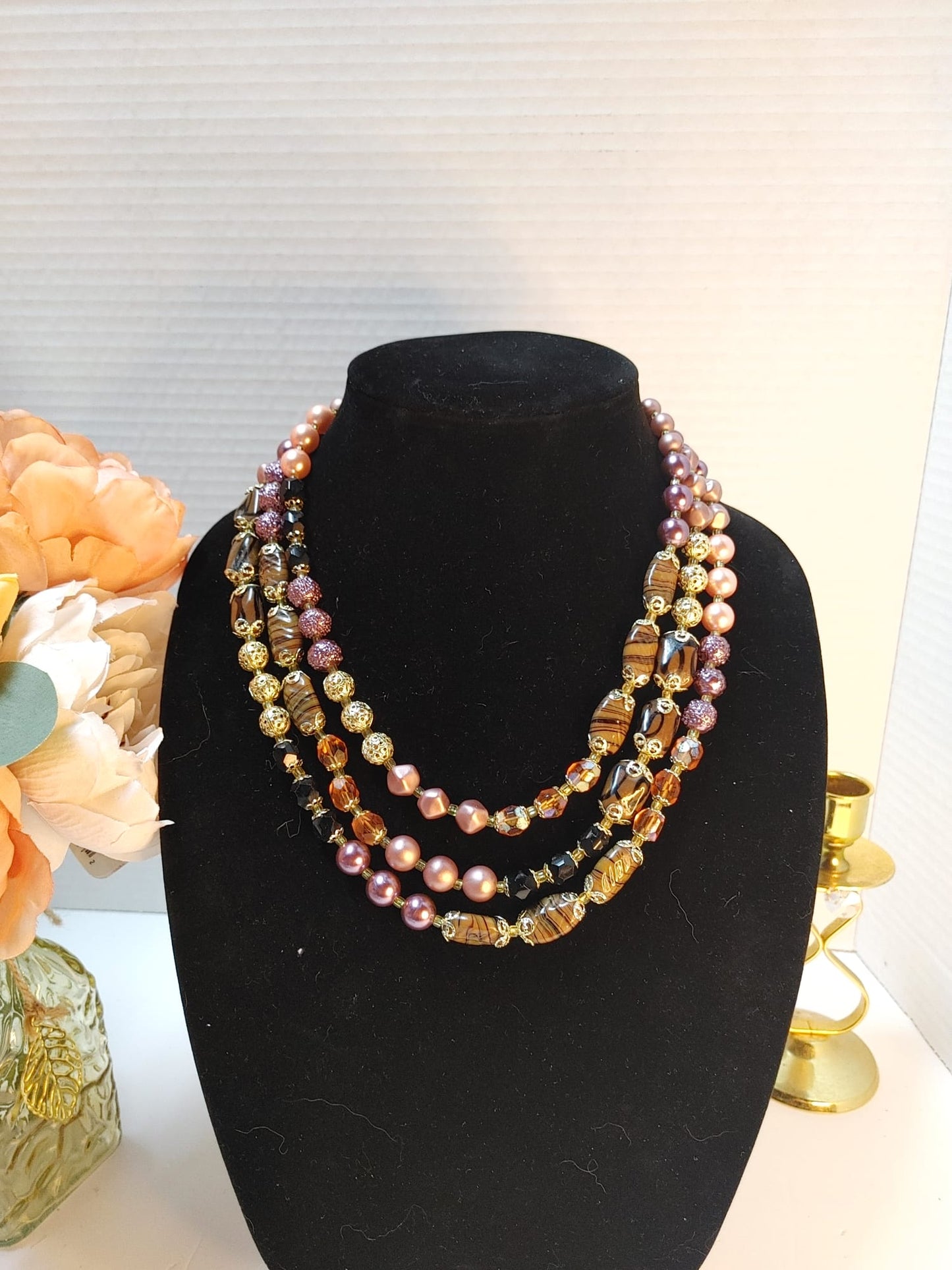 Multi-Strand Art Glass Necklace Fx Pearl Beaded Bib Pink Brown Gold Tone Vintage