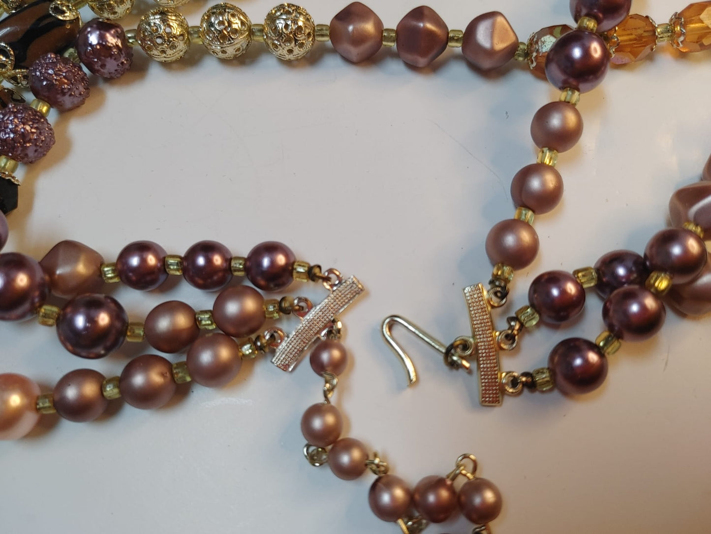 Multi-Strand Art Glass Necklace Fx Pearl Beaded Bib Pink Brown Gold Tone Vintage