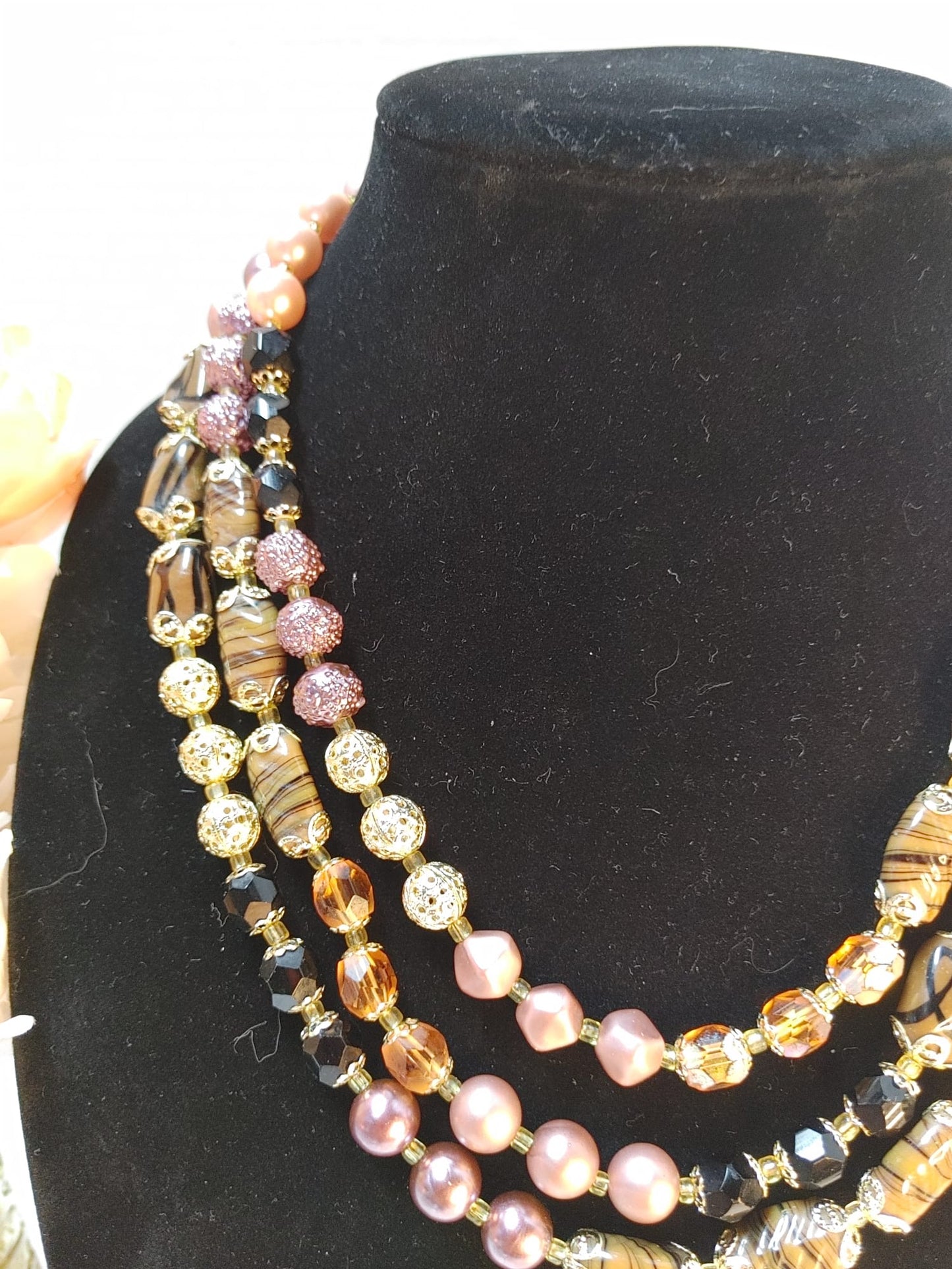 Multi-Strand Art Glass Necklace Fx Pearl Beaded Bib Pink Brown Gold Tone Vintage