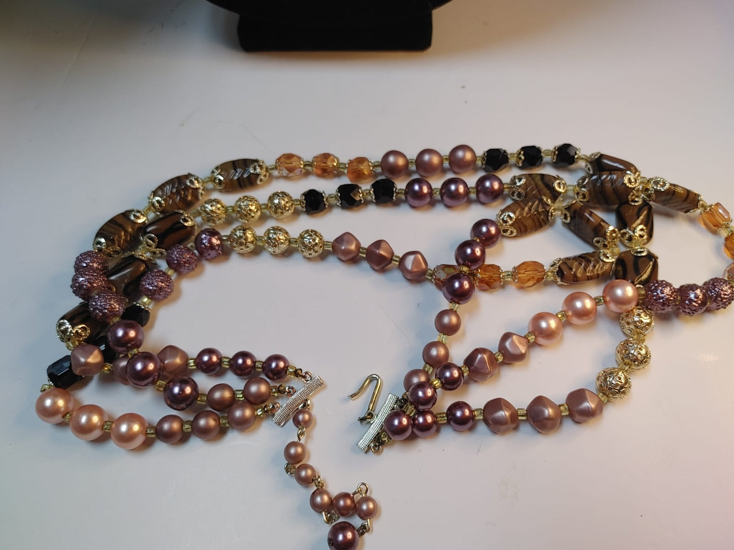 Multi-Strand Art Glass Necklace Fx Pearl Beaded Bib Pink Brown Gold Tone Vintage