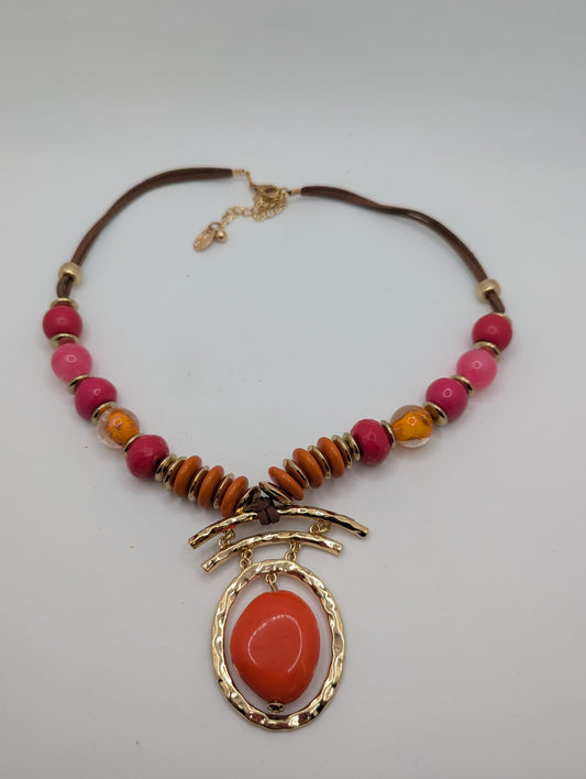 Erica Lyons Gold & Suede Necklace with Orange & Pink Beads